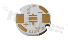 MCPCB, thermal conductivity 2W/(m*K), thickness: 2mm, number of layers - 1, white soldermask, legend color: gold, size: diameter 14mm, pad cover: gold; for XP/XT LEDs, /30