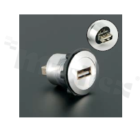 Gniazdo USB2.0; żeńskie; otwór montażowy 22mm; podłączenie na wtyk USB2.0 męski; korpus srebrny; stop aluminium.