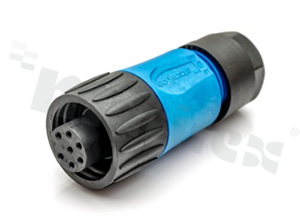 Wtyk ECOMATE seria C016, 7-stykowy (6+PE), żeński, prosty, 12A, 250V, kabel: max.0.75mm2( AWG18), styki srebrzone, lutowane, kolor :czarno-niebieski, IP67