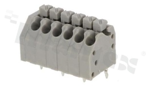 Listwa zaciskowa do PCB; w rastrze 3.50mm; 6-torowa; skośne wejście przewodu; na przewód 0.20-1.00mm2 (28-18AWG); ze stykiem sprężynowym; czarna; UL 300V/10A, TUV 250V/10.5A