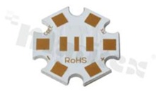 Podłoże MCPCB, przewodność cieplna 1.5W/(m*K), grubość: 1.6mm, Ilość warstw - 1, biała soldermaska, kolor legendy: złota, rozmiar: gwiazdka 22mm, pokrycie padów: złoto; aluminium 1060, /30
