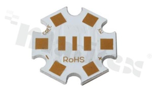 MCPCB, thermal conductivity 1.5W/(m*K), thickness: 1.6mm, number of layers - 1, white soldermask, legend color: gold, size: star 22mm, pad cover: gold; aluminium 1060, /30