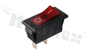 Minature Rocker Switch; 1-pole; 2 positions; 32x15mm; pin terminals; red button; 6A/250V