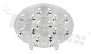 Soczewka do diod LED high power; kąt rozsyłu: 40 stopni FWHM; ilość diod: 7; rozmiar: okrąg 35.8mm; wysokość: 8.4mm; rodzaj materiału: PMMA; PC; sposób mocowania: klej