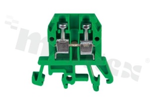 Złączka szynowa; 1-poziomowa; 2-zaciskowa na przewód 0,5-4,0mm2; zacisk śrubowy; zielona; na szyne DIN; 1000V/32A