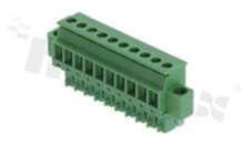 Pluggable terminal block; 3.81mm pitch; 10-ways; female; for wire 1.50mm2(28-16AWG); wire insertion direction 90° to plug-in direction;with fixed screws; p.bronze contacts; brass cage; UL 300V/10A