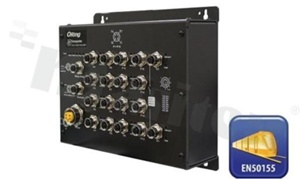 Switch przemysłowy kolejowy; zarządzalny; norma kolejowa EN50155; 16 portów 10/100Base-T(X); 2 porty 10/100/1000Base-T(X); 1x Bypass; złącza M12; temp. pracy: -40+70 st.C; zasilanie redundantne 12...48VDC