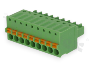 Pluggable terminal block; 3.50mm pitch; 9-ways; female; for wire 1.50mm2 (28-16AWG); wire insertion direction same as plug-in direction; p.bronze contacts; spring clamp; brass cage; UL 300/8A TUV 250/12A
