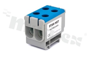 Złączka na szynę din;przelotowa;4 zaciskowa;2- torowa; zacisk śrubowy; na przewód 2,5-50mm2;niebieska