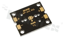 MCPCB, thermal conductivity 2W/(m*K), thickness: 2mm, number of layers - 1, black soldermask, legend color: gold, size: rectangle 25x30mm, pad cover: gold; for XP/XT LEDs, /20