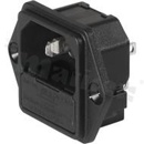 Gniazdo zasilające IEC C14 z uchwytem bezpiecznikowym 1-polowym; montaż: do panela 1mm, zatrzaskowe; wyprowadzenia lutowane 3,8x0,8mm; połączenia wewnętrzne; IP40; 10A/250VAC