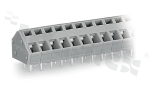 Listwa zaciskowa do PCB; w rastrze 5.0/5.08mm; 5-torowa; skośne wejście przewodu; na przewód 0.08-2.50mm2 (28-12 AWG); ze stykiem sprężynowym; szara; UL: 300V/15A