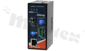 Przemysłowy media konwerter skrętka-światłowód z funkcją PoE; IEEE802.3af/at/bt; 1 port 10/100/1000Base-T(X) RJ45; 1 port 100/1000Base-FX; złącze SFP; temp. pracy: -40+75 st.C; zasilanie redundantne 12...57VDC; montaż na szynie DIN