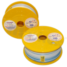 Przewód pojedynczy LGY/H05V-K; z wielodrutową miedzianą żyłą; biały/niebieski; przekrój 0.35mm2; AWG 22; 500V; -40+105 st.C; 200m.