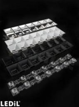 Lens for LED mid power; angle:35 degrees FWHM; Number of LEDs: 7; Dimensions: 280x40mm; Height: 20.3mm; meterial: PMMA; Fastening: pin; screw; clips