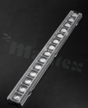 Lens for LED mid power; angle: 72 to 83 degrees FWHM; Number of LEDs: 14; Dimensions: 279x29mm; Height: 8.1mm; meterial: PMMA; Fastening: clips