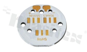 MCPCB, thermal conductivity 1.5W/(m*K), thickness: 2mm, number of layers - 1, white soldermask, legend color: gold, size: diameter 31mm, pad cover: gold; for MX LEDs, /20