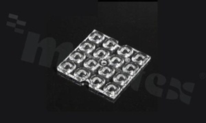 Lens for LED high power; mid power; angle: asymmetric; Number of LEDs: 16; Dimensions: 50x50mm; Height: 4.2mm; meterial: PMMA; Fastening: pin; screw