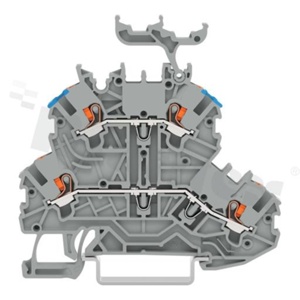 Złączka instalacyjna; 2-poziomowa; przelotowa; przyciski; 4-zaciskowa na przewód 0.14-1.5mm2 (24-16AWG); ze stykiem sprężynowym; czerwona; na szynę DIN; 300V/10A