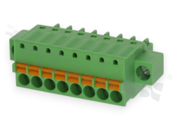 Pluggable terminal block; 3.50mm pitch; 8-ways; female; for wire 1.50mm2 (28-16AWG); wire insertion direction same as plug-in direction; with fixing screw; p.bronze contacts; spring clamp; brass cage; UL 300/8A TUV 250/12A