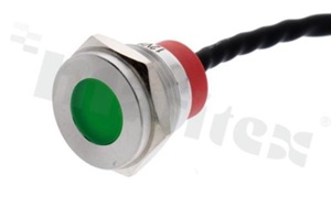 Lampka sygnalizacyjna; płaska; stal nierdzewna; przewód; podświetlenie punktowe zielone; LED 12V; IP67.