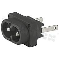 Złącze zasilające AC IEC 60320 C8, 70°C, styki toczone z litego materiału, klasa ochronności II; montaż: typu insert; krótkie wyprowadzenia do lutowania L=4,8mm, poziome; kolor czarny; IP20; 2,5A, 250VAC