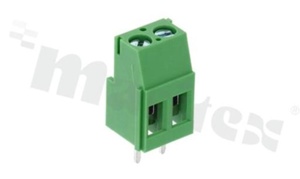 Listwa zaciskowa do PCB; w rastrze 5.00mm; 2-torowa; pionowa; na przewód 2.5mm2 (AWG 28-12); ze śrubami na wkrętak płaski; z ruchomą osłoną przewodu; klatka mosiężna; zielona; UL 300V/15A