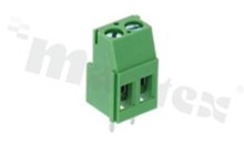 Listwa zaciskowa do PCB; w rastrze 5.00mm; 2-torowa; pionowa; na przewód 2.5mm2 (AWG 28-12); ze śrubami na wkrętak płaski; z ruchomą osłoną przewodu; klatka mosiężna; zielona; UL 300V/15A