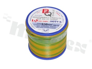 Przewód pojedynczy LGY/H05V-K; z wielodrutową miedzianą żyłą; żółty/zielony; przekrój 0.50mm2; AWG 20; 500V; -40+105 st.C; 25m.