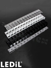 Lens for LED high power; beam angle: 30 degrees wide beam; number of LED: 14; size: 280x21mm; height: 13.3mm; material type: PMMA; fastening: pin, screws, snaps; color: milky