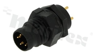 Gniazdo M8; 4-stykowe; męskie; plastikowe; 3A; proste; na panel; z nakrętką od przodu; pcb; IP67