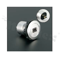 Gniazdo MiniUSB2.0; żeńskie; otwór montażowy 22mm; podłączenie na wtyk MiniUSB2.0 męski; korpus srebrny; stop aluminium.