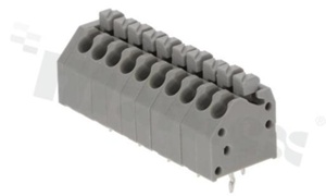 Listwa zaciskowa do PCB; w rastrze 3.50mm; 10-torowa; skośne wejście przewodu; na przewód 0.20-1.00mm2 (28-18 AWG); ze stykiem sprężynowym; szara; UL 300V/10A, TUV 250V/10.5A