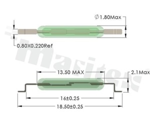 Reduced miniature reed switch RS-RM1318, Operate Band: 10-15AT, Switching Current (max): 0,5A, Dimensions: FI1,8x13,5mm, SMD