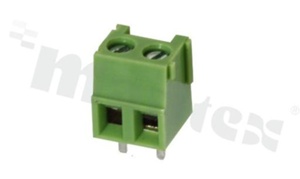Listwa zaciskowa do PCB; w rastrze 3.81mm; 2-torowa; pionowa; na przewód 1.0mm2; z ruchomą osłoną przewodu; ze śrubą na wkrętak płaski; klatka mosiężna; zielona; UL 130V/9A
