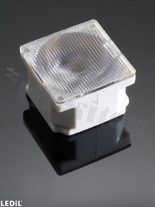 Lens for Mid power LED; distribution angle: Oval 48 x 20 degrees FWHM; number of LEDs: 1; size: 22x22mm; height: 13.9mm; material type: PC; fastening: tape