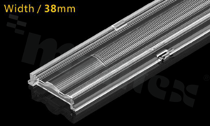 Lens for LED mid power; angle: 60 degrees ; Number of LEDs: optyka liniowa; Dimensions: 1176x38mm; Height: 8.5mm; material: PC; Fastening: clips