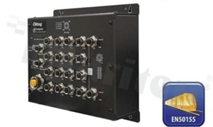 EN50155 18-port managed PoE Ethernet switch with 16x10/100Base-T(X) P.S.E. and 2x10/100/1000Base-T(X); M12 connector and 1xbypass included; 12...57 VDC power input
