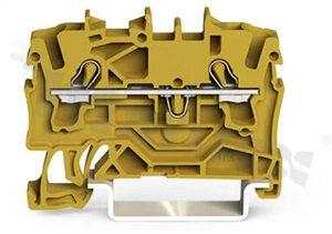 Installation terminal block; 1-level; through; 2-contacts for wire 0.25-4.0mm2 (22-12AWG); spring-loaded; yellow; for DIN rail; 600V/20A