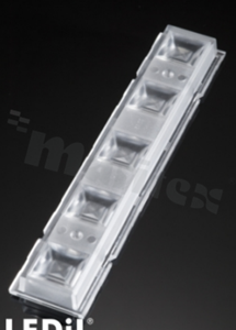 Lens for LED high power; angle: 43 to 55 degrees FWHM; Number of LEDs: 5; Dimensions: 123x25mm; Height: 9mm; meterial: PMMA; Fastening: glue; pin; screw
