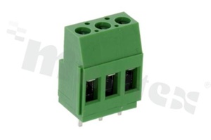 Listwa zaciskowa do PCB; w rastrze 5.00mm; 3-torowa; pionowa; na przewód 2.5mm2 (AWG 26-12); ze śrubami na wkrętak płaski; klatka mosiężna; zielona; UL 300V/20A