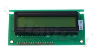 Display LCM; LCD character; 16x2 chars; STN yellow-green Y/G with LED backlight yellow-green Y/G; viewing angle 6:00;