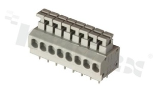 Listwa zaciskowa do PCB; w rastrze 3.81mm; 8-torowa; poziome wejście przewodu; na przewód 0.20-1.50mm2 (14-20AWG); ze stykiem sprężynowym; szara; UL 300V/10A, TUV 250V/10.5A