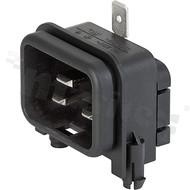 Złącze zasilające AC IEC 60320 C20, system V-Lock, klasa ochronności I; montaż: śrubowy, do PCB śrubowe; wyprowadzenia do lutowania; dodatkowy zacisk uziemienia w osi złącza; kolor czarny; IP20; 16A, 250VAC