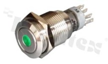 Przełącznik wandaloodporny; bistabilny; 16mm; terminale do lutowania; niklowany; podświetlenie punktowe zielone; LED 6V; IP67