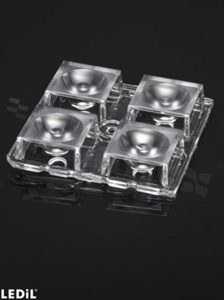 Lens for LED high power; angle: 25 to 34 degrees FWHM; Number of LEDs: 4; Dimensions: 50x50mm; Height: 8.5mm; meterial: PC; Fastening: pin; screw