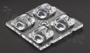 Lens for LED high power; mid power; angle: asymmetric; Number of LEDs: 4; Dimensions: 50x50mm; Height: 7.7mm; meterial: PMMA; Fastening: glue; pin; screw