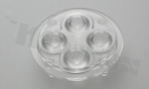Lens for LED high power; angle: 33 to 45 degrees FWHM; Number of LEDs: 4; Dimensions: round 35mm; Height: 9mm; meterial: PMMA; Fastening: glue; pin