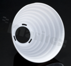 Reflektor do diod LED COB; kąt rozsyłu: 70 do 73 stopni FWHM; ilość diod: 1; rozmiar: okrąg 120mm; wysokość: 74.5mm; rodzaj materiału: HRPC; sposób mocowania: gniazdo