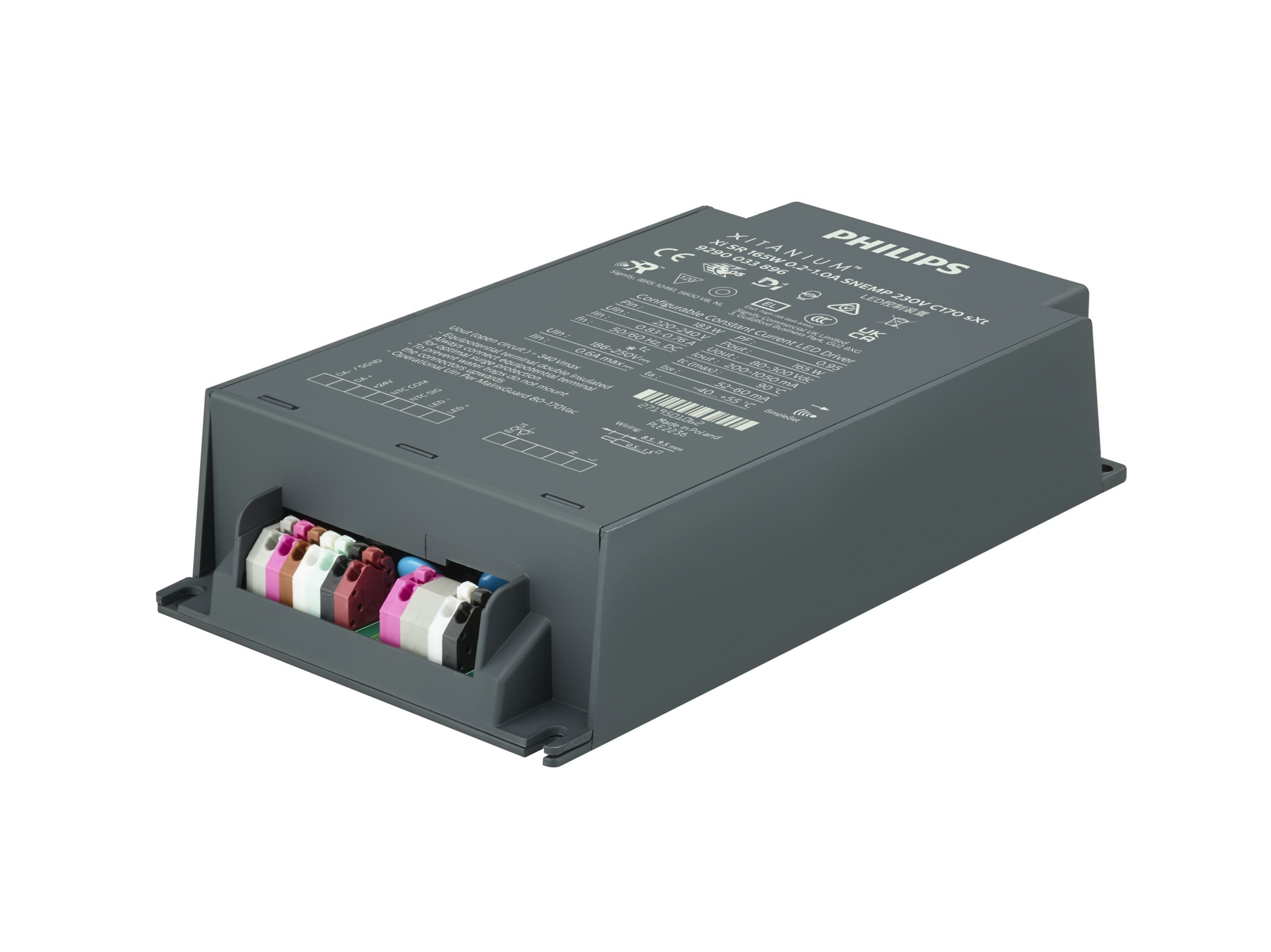 Zasilacz impulsowy; LED; 165W; 80-300V; 0.2-1.05A; 202-254VAC; 186-250VDC; IP20